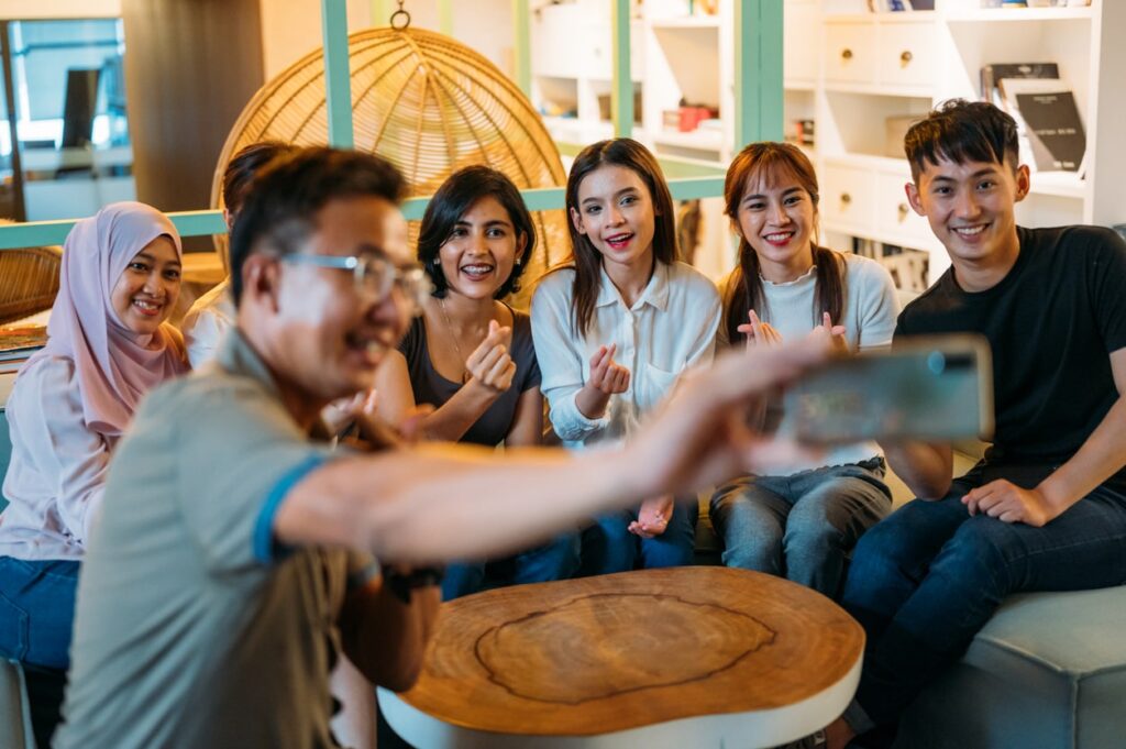 Employees take a selfie photo